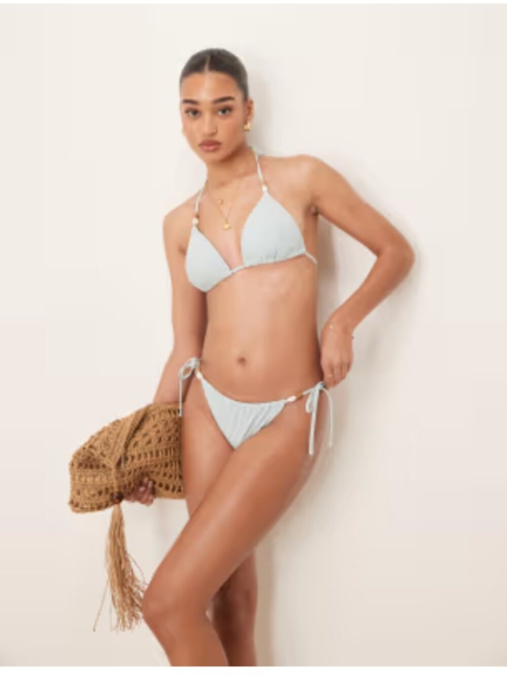 NWT Women's Natural Swim Tie Side Bikini Bottom With Bead Detail Co-ord Size M